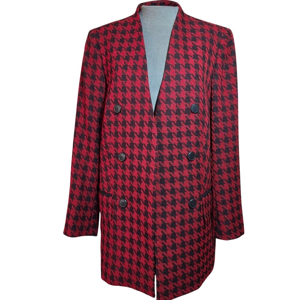 Red Herringbone Open Front Blazer Jacket Size 16